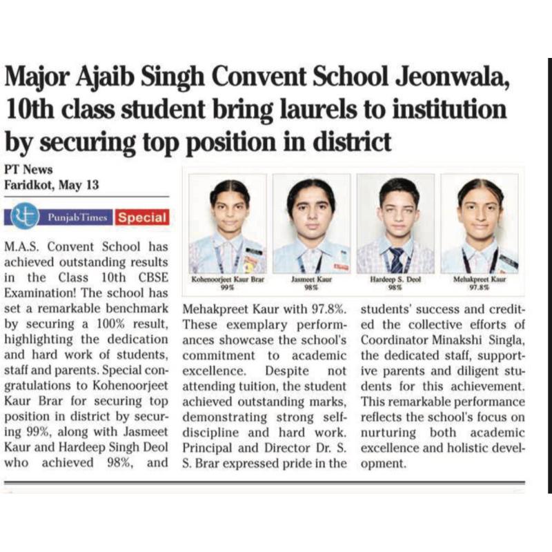 Major Ajaib Singh Convent School in the News