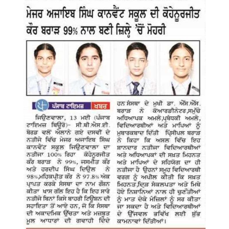 Major Ajaib Singh Convent School in the News