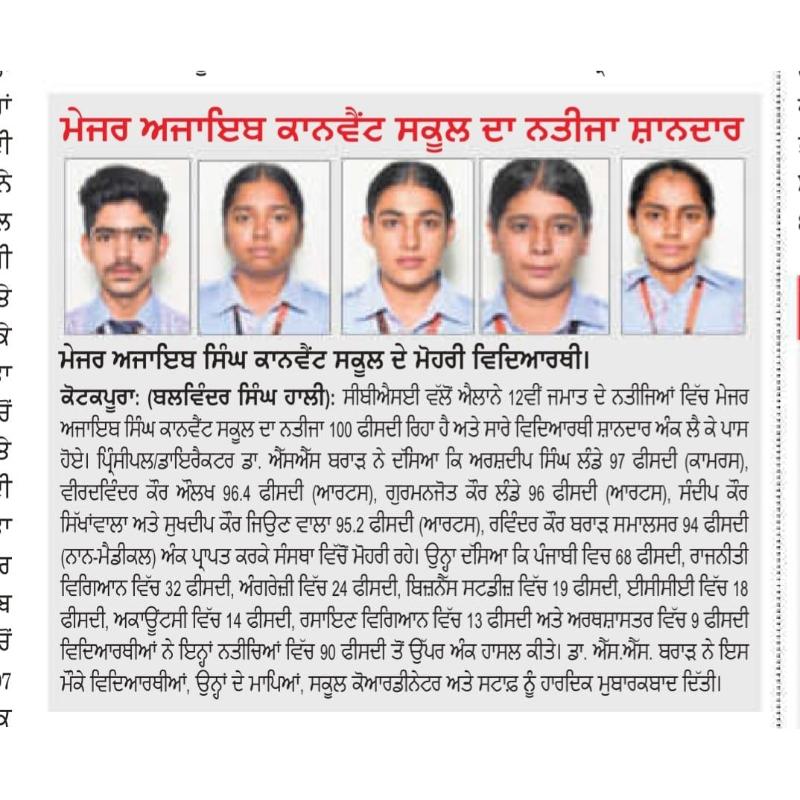 Major Ajaib Singh Convent School in the News