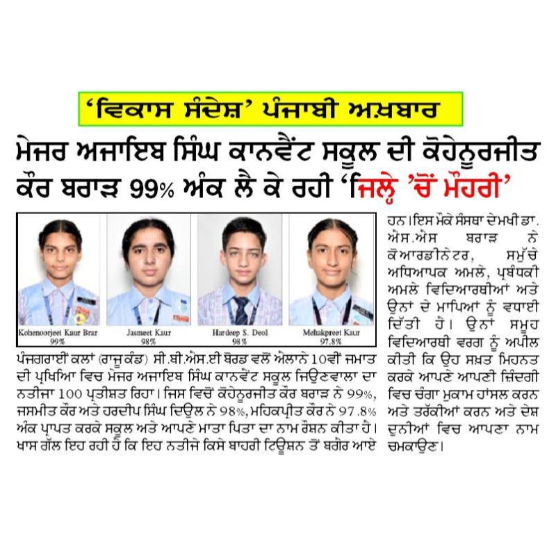 Major Ajaib Singh Convent School in the News